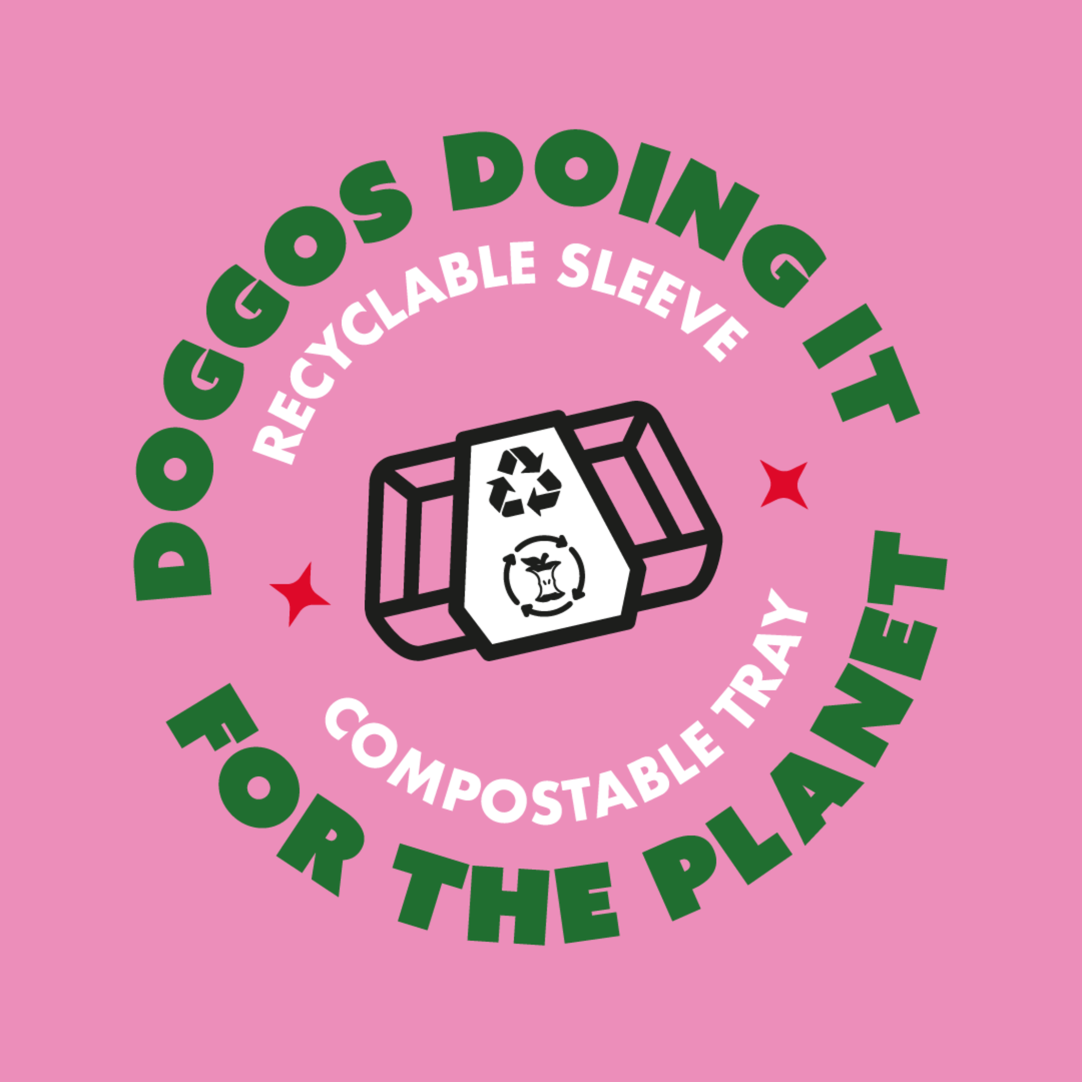 Eco-friendly raw dog food packaging with compostable tray and recyclable sleeve, showing Mo&Co’s commitment to sustainability.