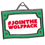 Illustration of a green sign with red text '#JoinTheWolfpack', inviting dog lovers to join Mo&Co by feeding natural raw dog food with purpose.