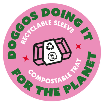 Icon communicating Mo&Co's Eco-friendly dog food packaging with compostable tray and recyclable sleeve.