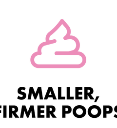 Pink poop icon with text 'Smaller, Firmer Poops' showing the digestive benefits of natural raw dog food for healthy stools.