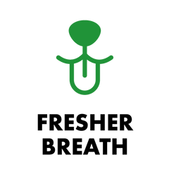 Green tongue icon with text 'Fresher Breath' showing raw dog food benefits for dental health and natural oral hygiene.