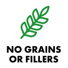 Green grain icon with text 'No Grains or Fillers' highlighting raw dog food made with natural, wholesome ingredients only.
