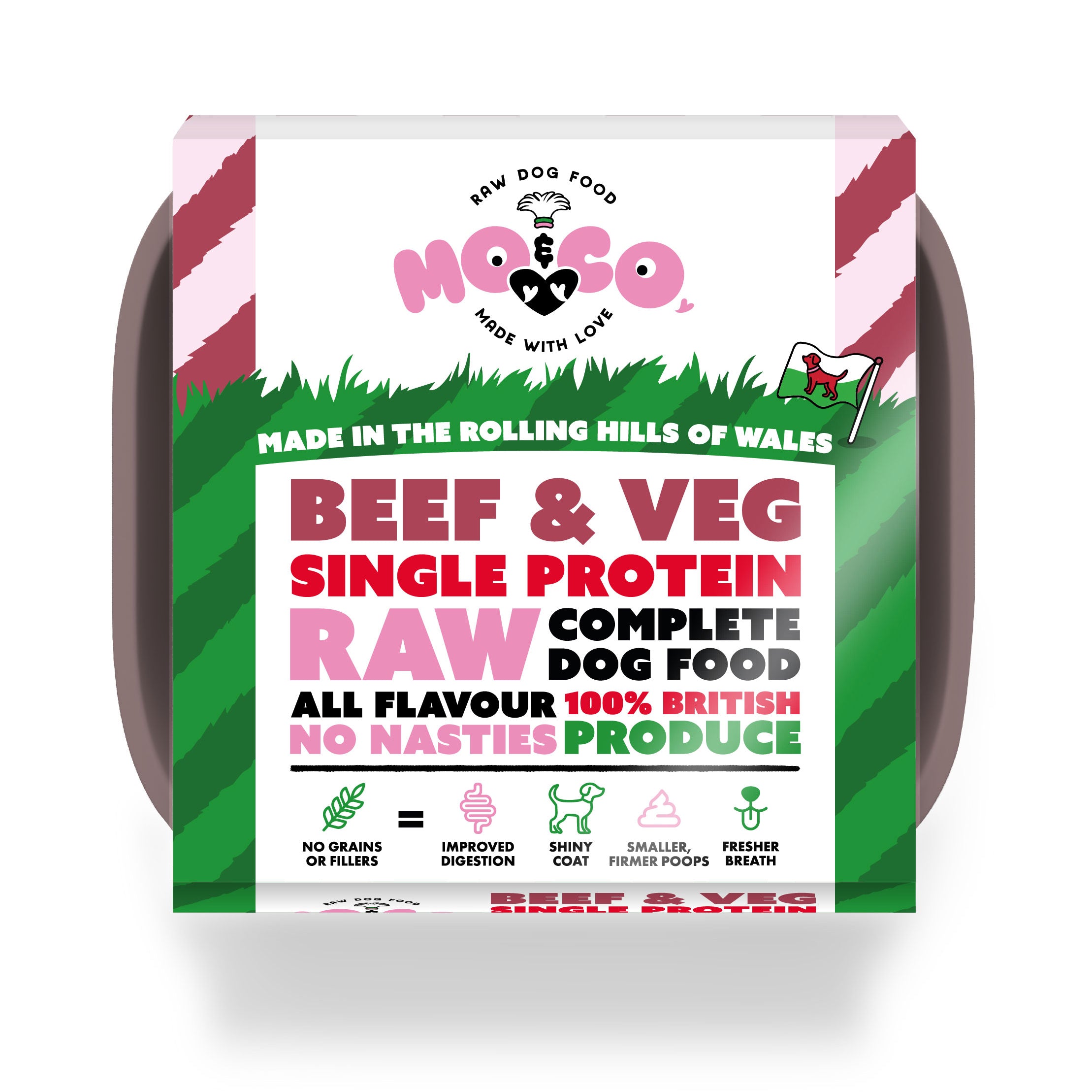 Mo&Co Beef & Veg raw dog food tray—complete, single protein, 100% British, grain-free and made in Wales.