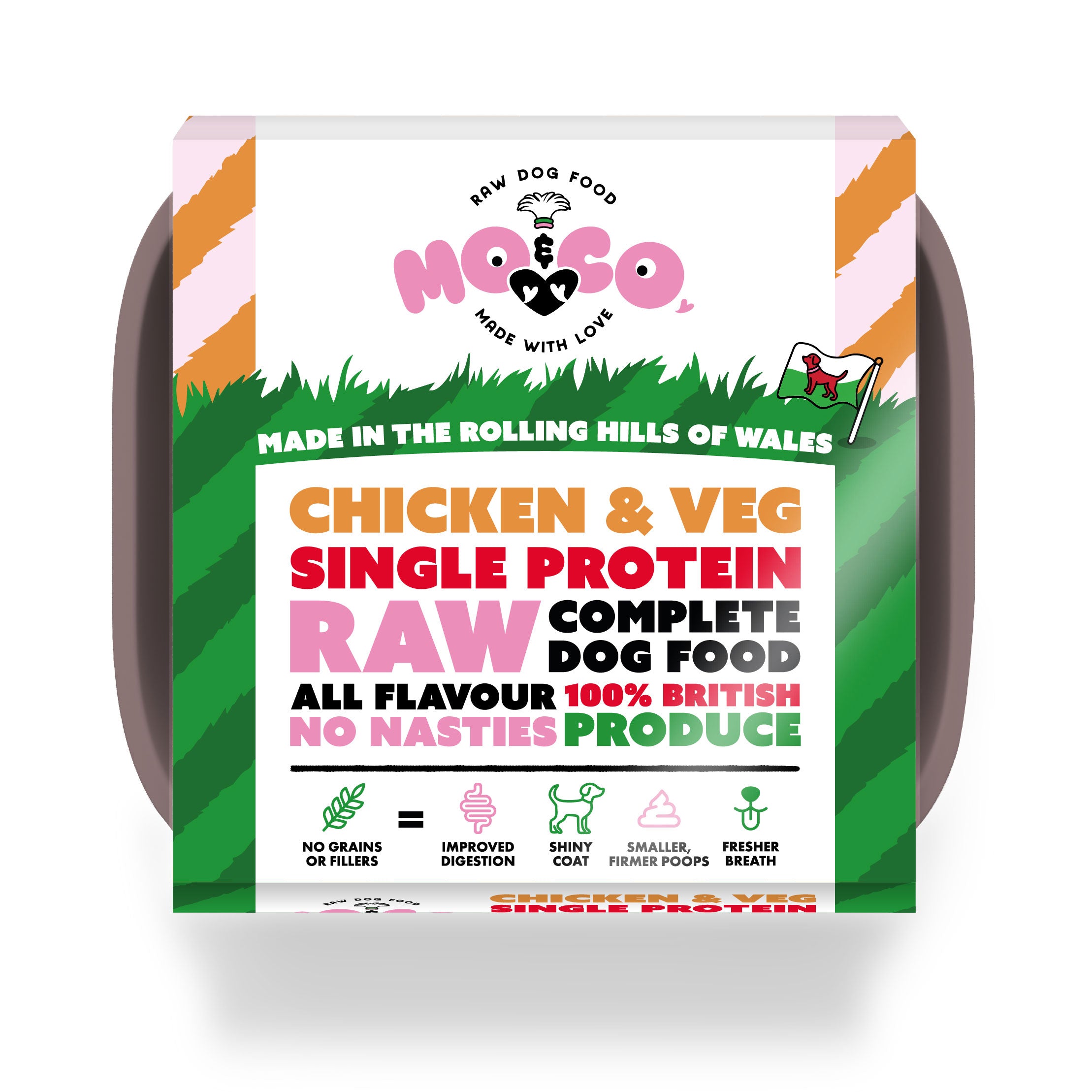 Mo&Co Chicken & Veg raw dog food tray—complete, single protein, 100% British, grain-free and made in Wales.