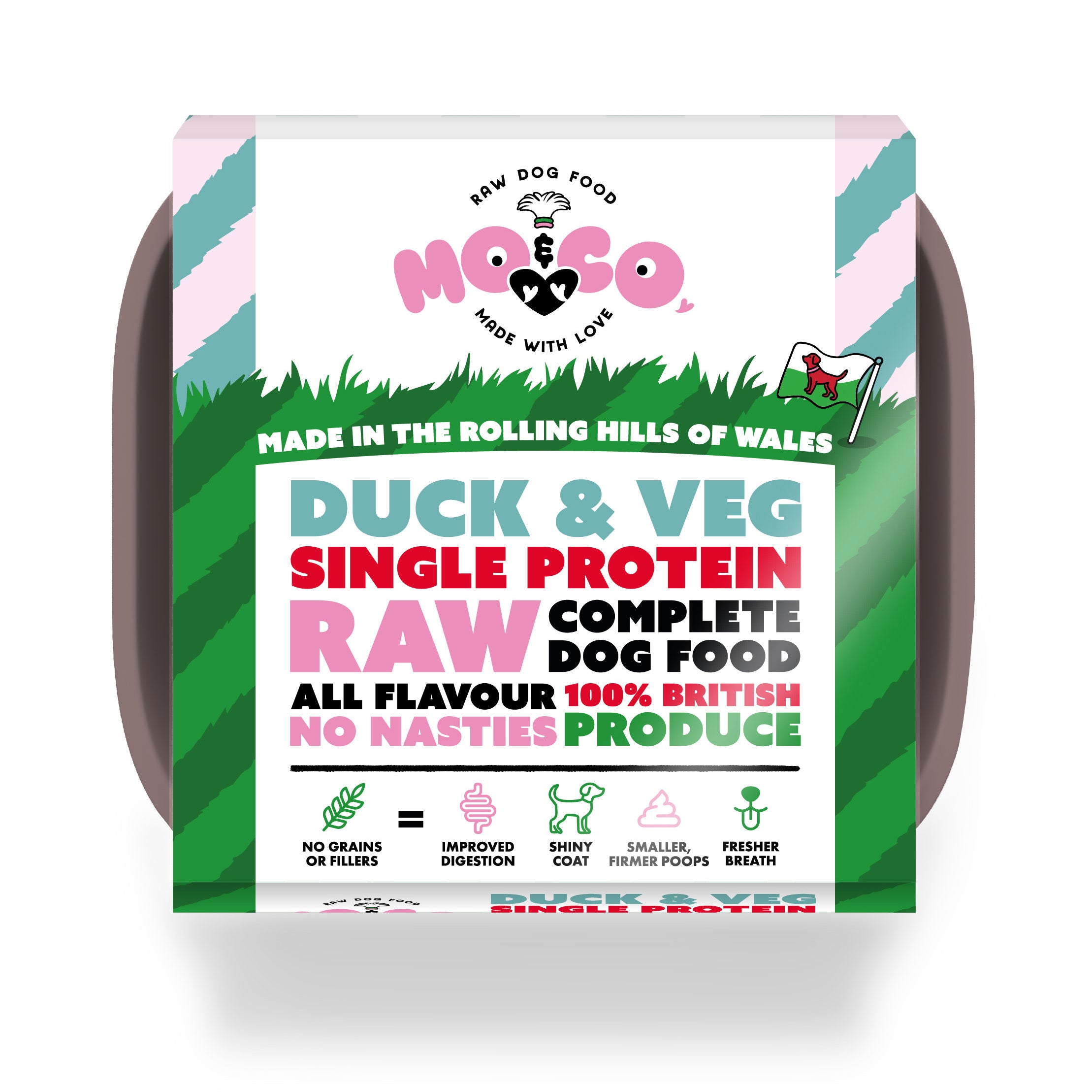 Mo&Co Duck & Veg raw dog food tray—complete, single protein, 100% British, grain-free and made in Wales.