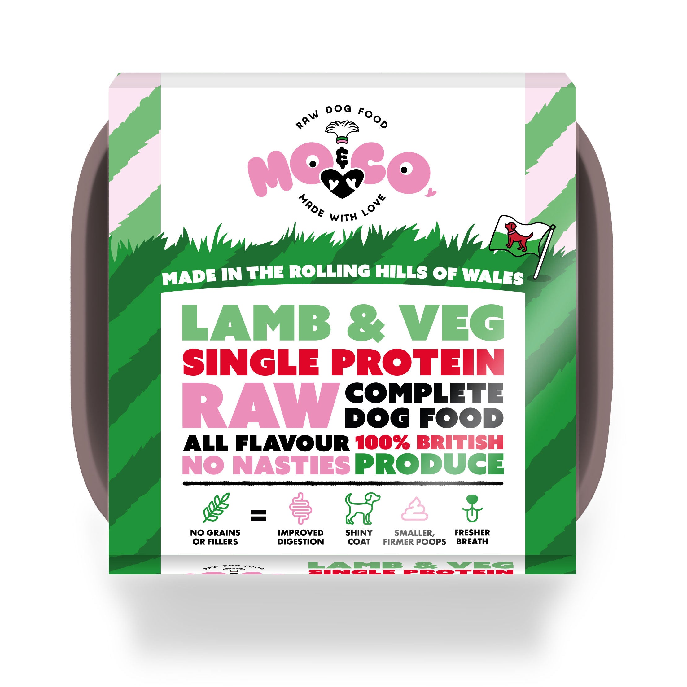 Mo&Co Lamb & Veg raw dog food tray—complete, single protein, 100% British, grain-free and made in Wales.