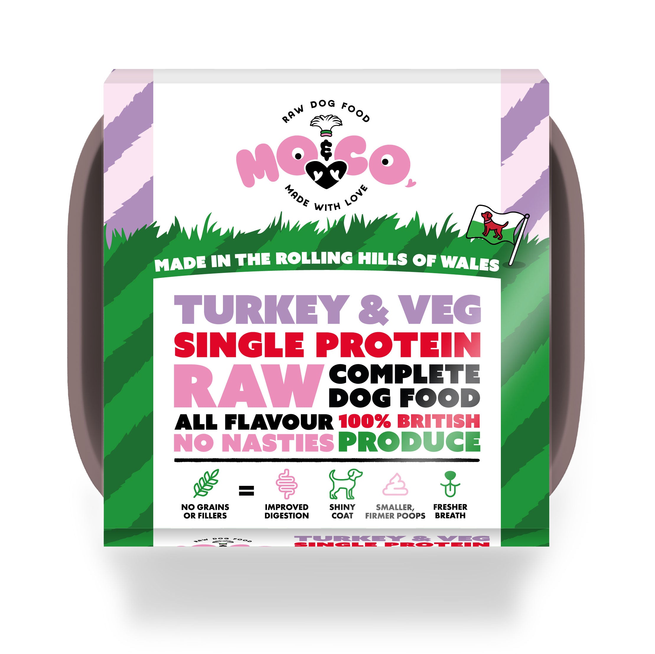 Mo&Co Turkey & Veg raw dog food tray—complete, single protein, 100% British, grain-free and made in Wales.
