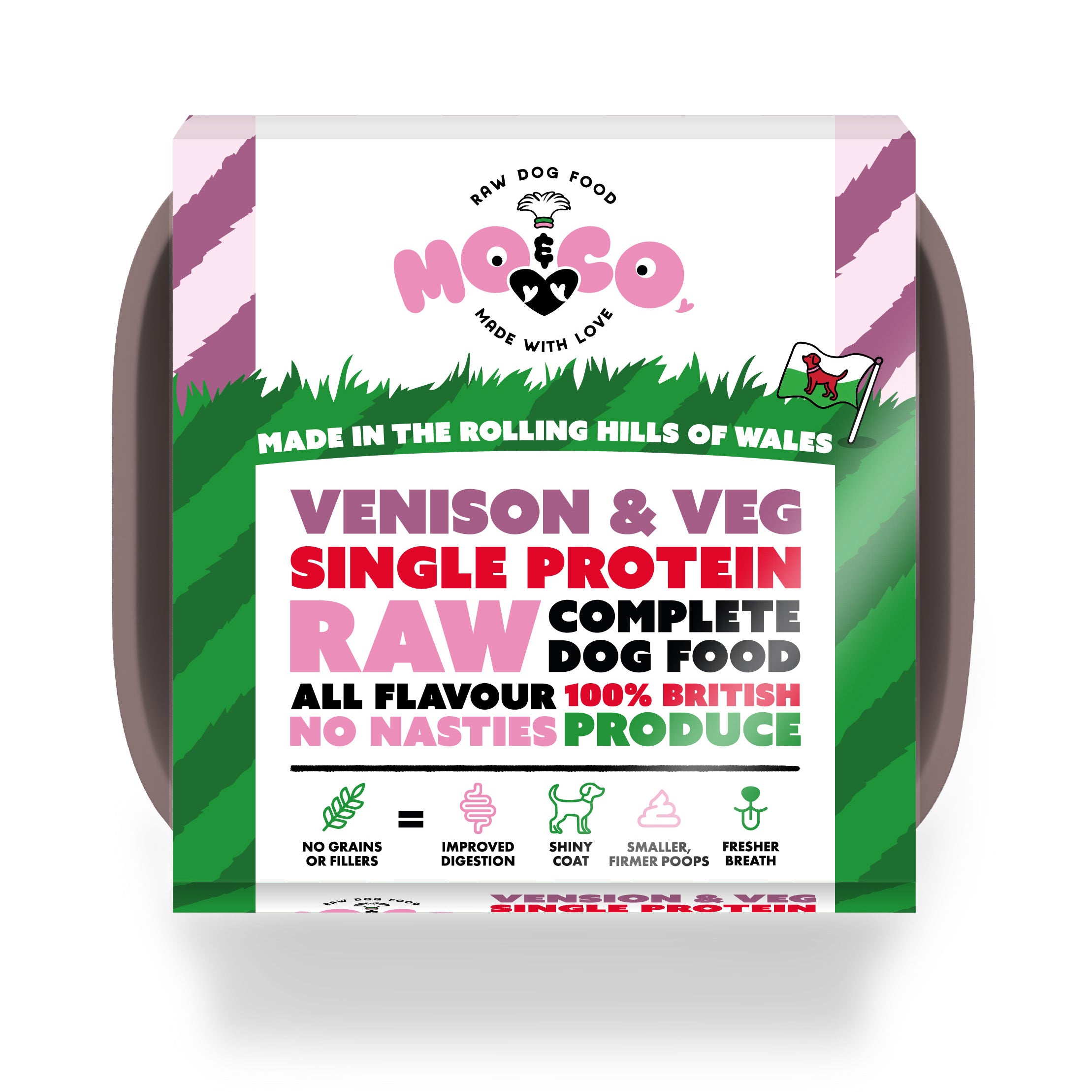 Mo&Co Venison & Veg raw dog food tray—complete, single protein, 100% British, grain-free and made in Wales.