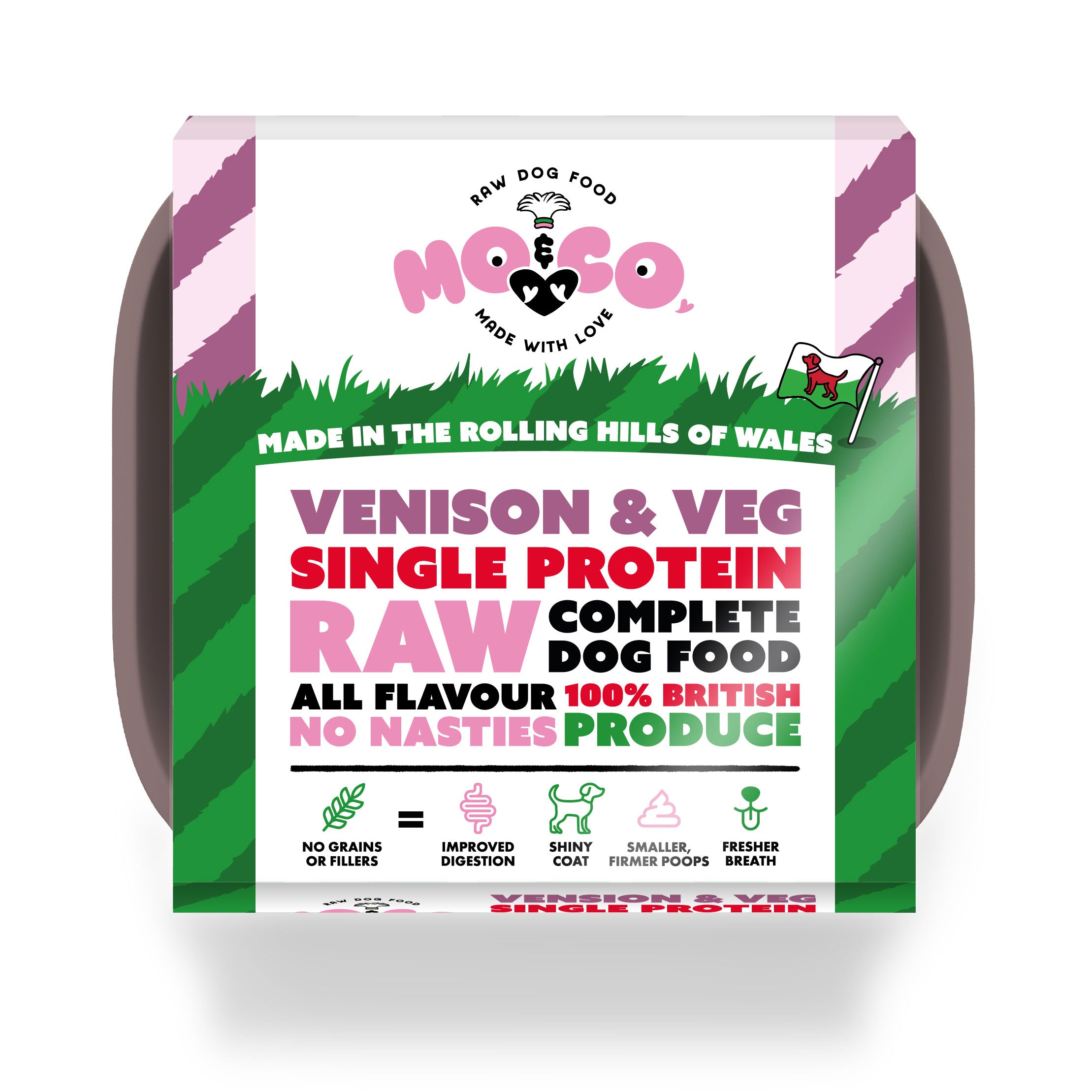 Mo&Co Venison & Veg raw dog food tray—complete, single protein, 100% British, grain-free and made in Wales.