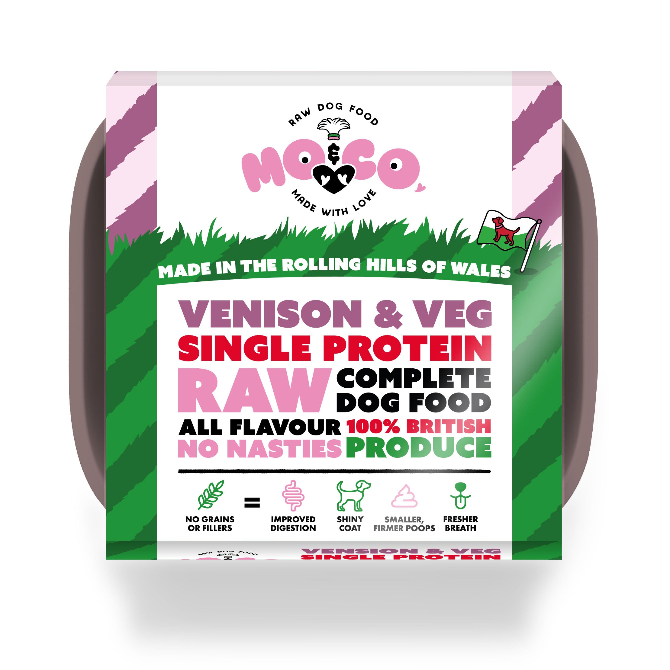 Mo&Co Venison & Veg raw dog food tray—complete, single protein, 100% British, grain-free and made in Wales.